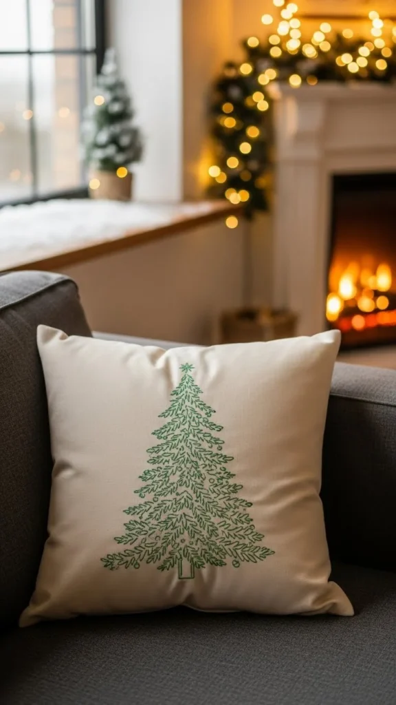 Embroidered Christmas Tree Line Art Pillow