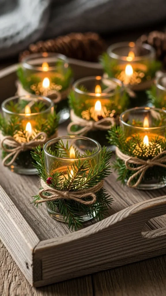 Evergreen-Wrapped Votive Cups