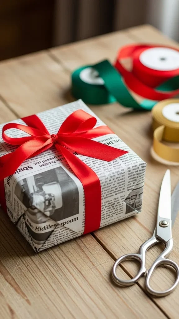 Newspaper Wrap With Red Ribbon