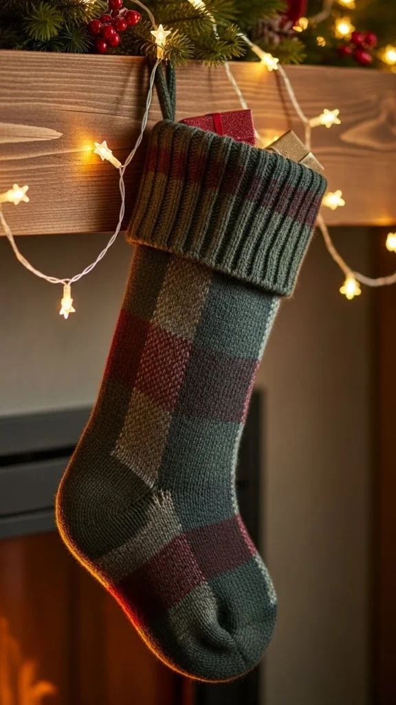 Plaid Wool Stocking With Leather Loop