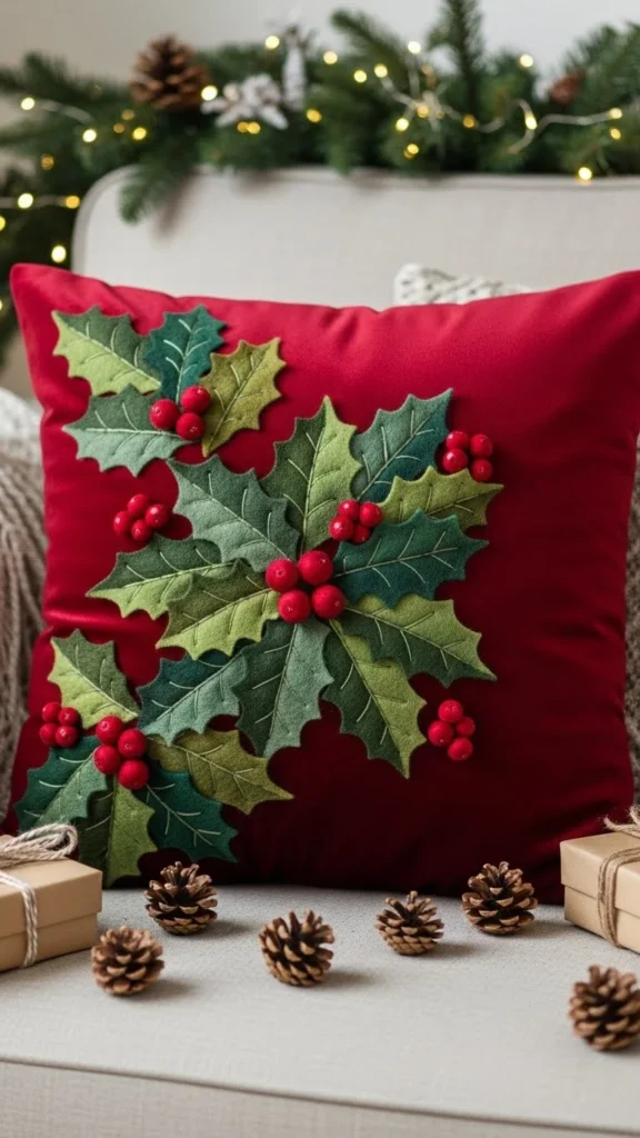 Red Felt Holly Berry Pillow
