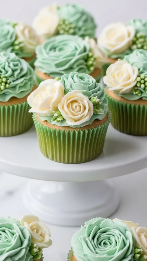 Green Floral Cupcakes