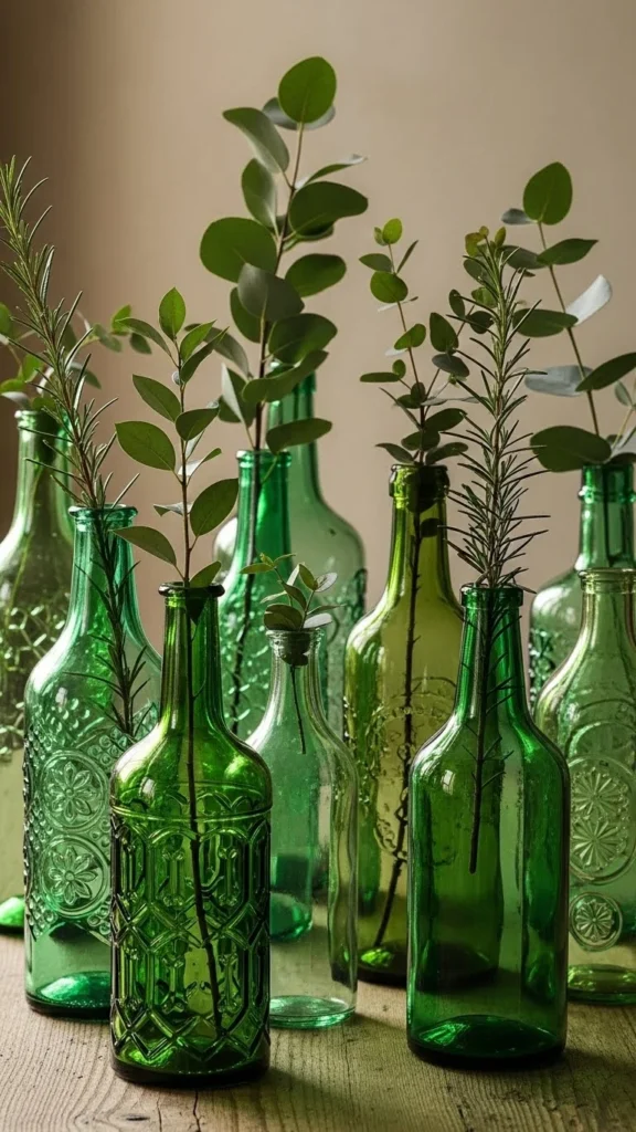 Green Glass Bottles as Vases