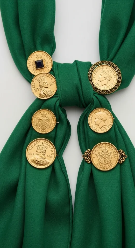 Green Scarf With Coin Pins