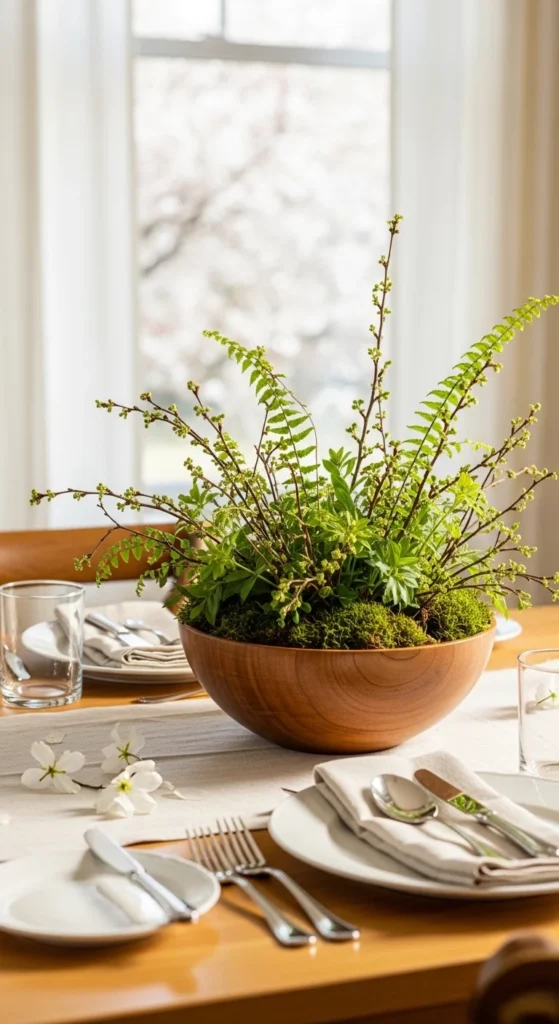 Low Wooden Bowl With Greenery