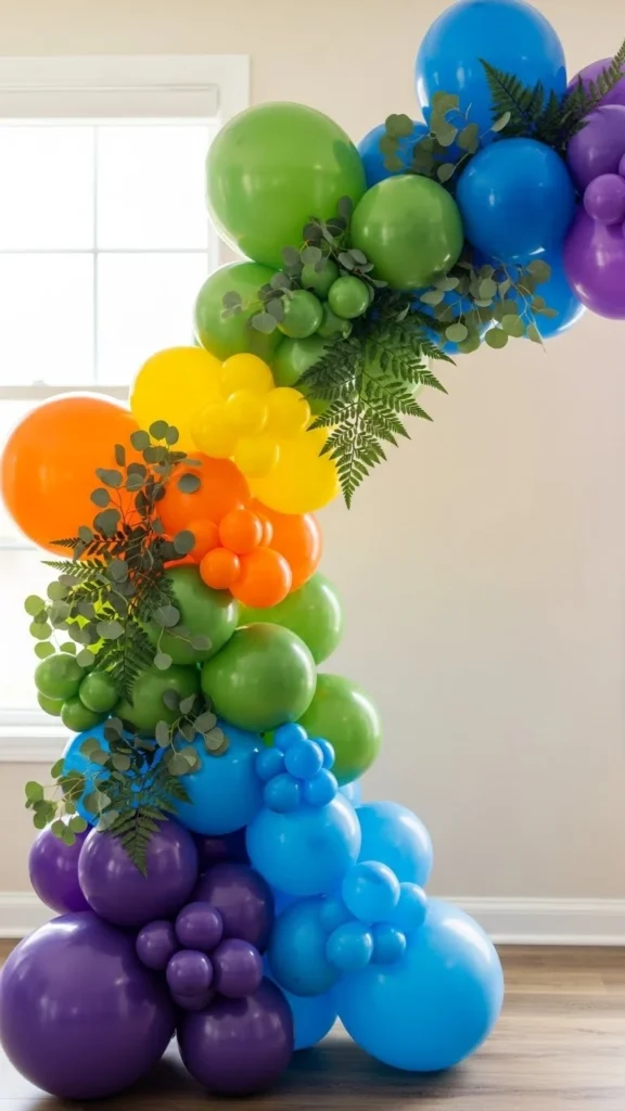 Rainbow Balloon Backdrop with Greenery