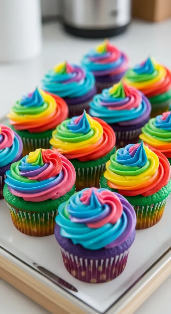 Rainbow Cupcakes With Swirled Frosting