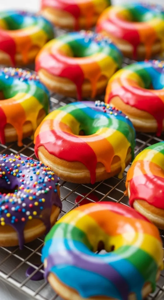 Rainbow Donuts With Glaze Drizzle