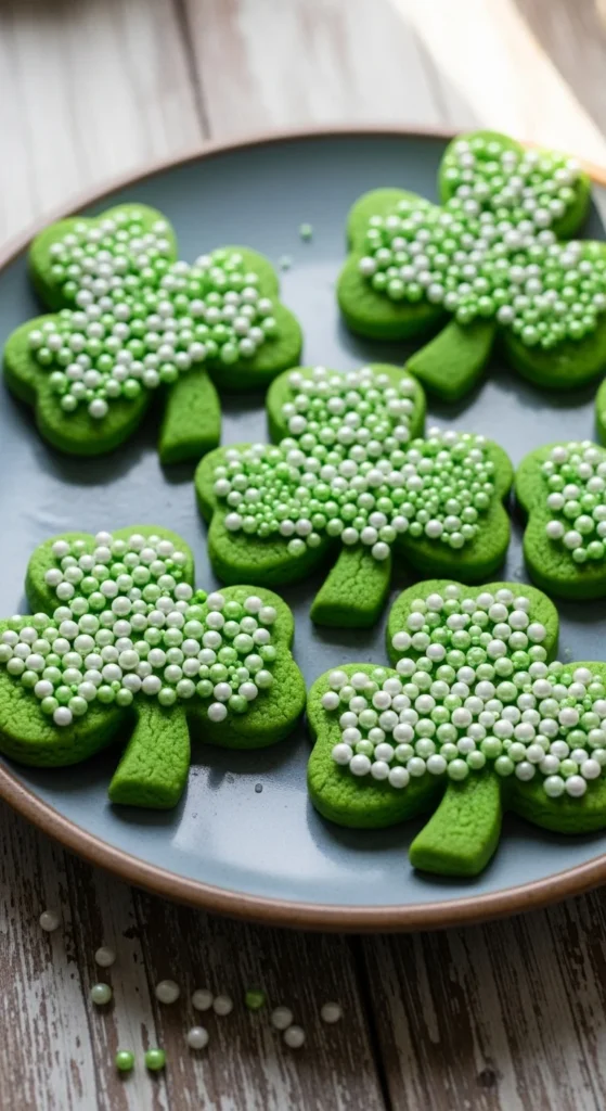 Shamrock Cookies with Sugar Pearls