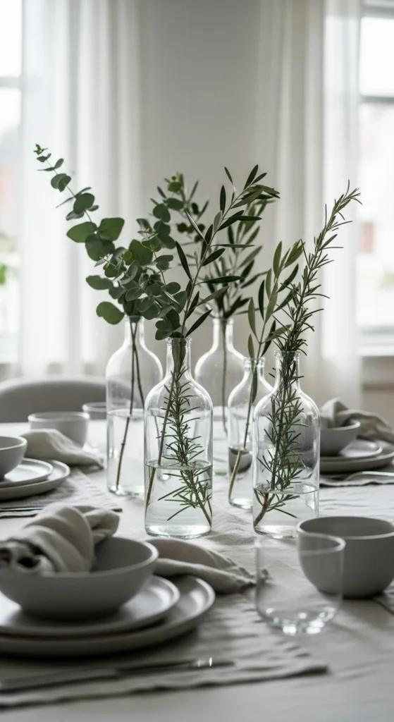 Soft Greenery in Clear Glass Bottles