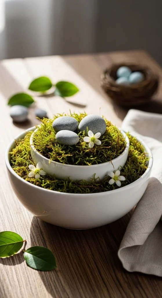 White Ceramic Bowl With Layered Moss