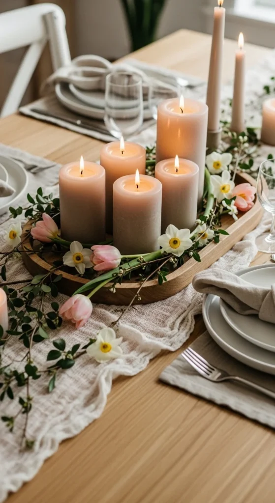 Wooden Tray With Neutral Candles