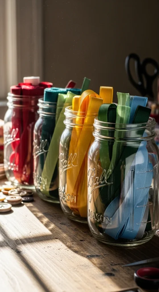 Mason Jar Ribbon Storage
