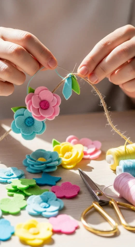 Spring Garland with Felt Flowers