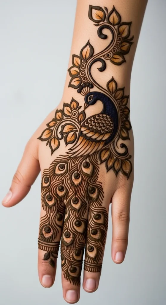 Leafy Back Hand Design with Peacocks