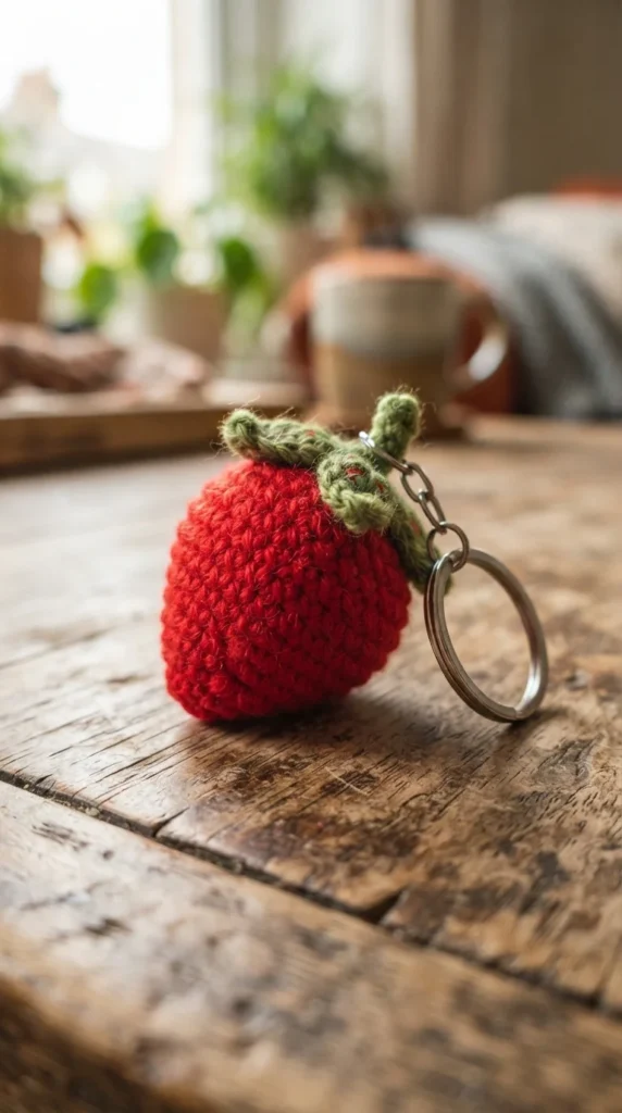 Tiny Strawberry Crochet Keyring